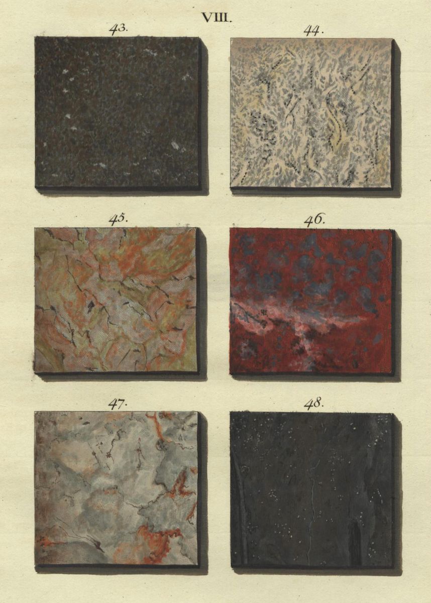 A vintage illustration of six rectangular panels, each displaying a different marbled paper pattern, labeled with numbers 43 through 48.