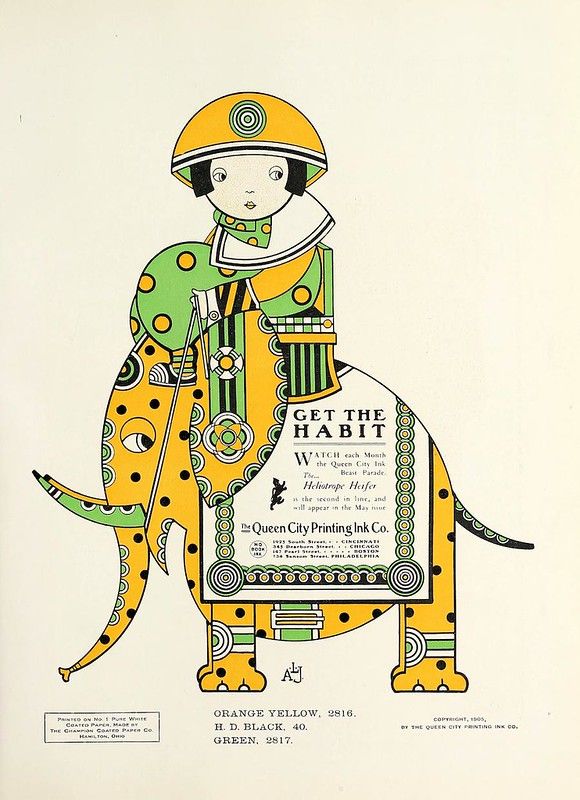 Vintage advertisement featuring a stylized illustration of an elephant carrying a woman on its back.