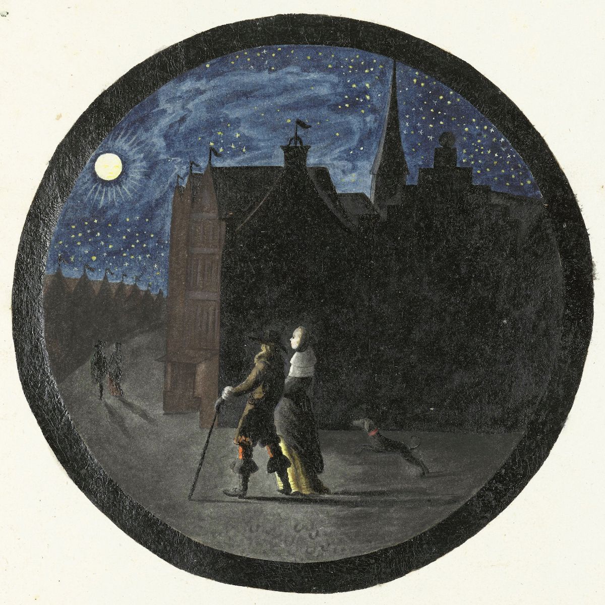 A circular painting of a nighttime scene in a European city. Two figures are walking along a snow-covered street in front of a large, dark building with a tall spire. The sky is a deep blue with stars and a full moon.