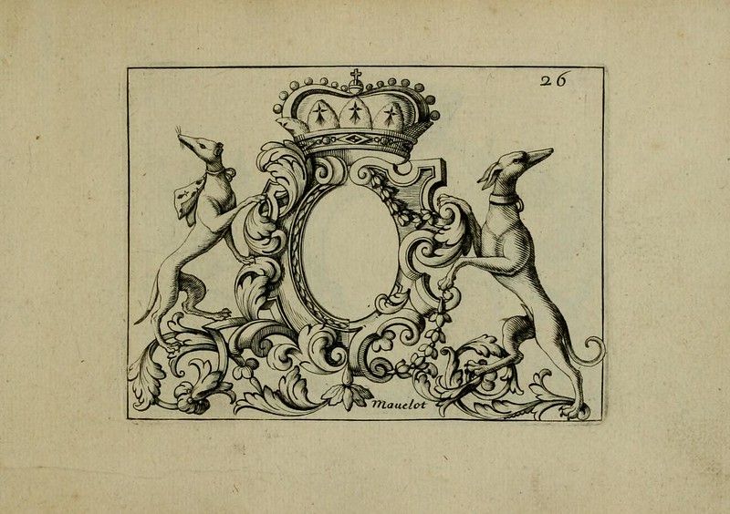 Antique illustration of a crown flanked by two dogs, surrounded by ornate scrollwork and floral designs, with the name 'Mauelot' at the bottom and the page number '26' in the upper right corner.