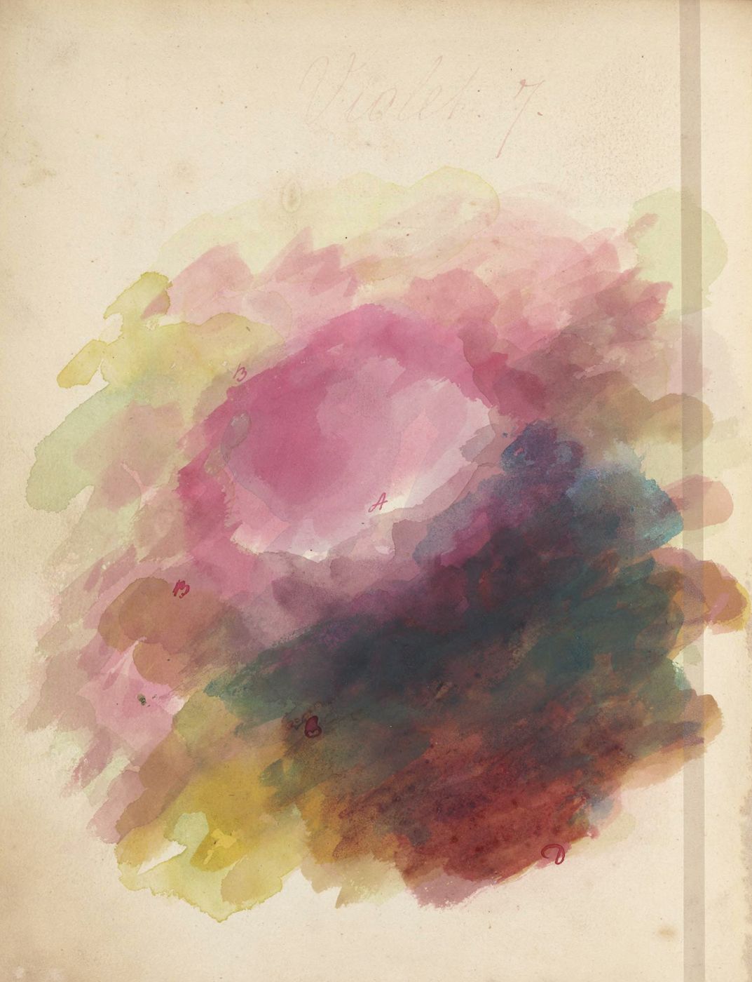 A textured, abstract watercolor painting reminiscent of a flower against a warm, aged, beige background.