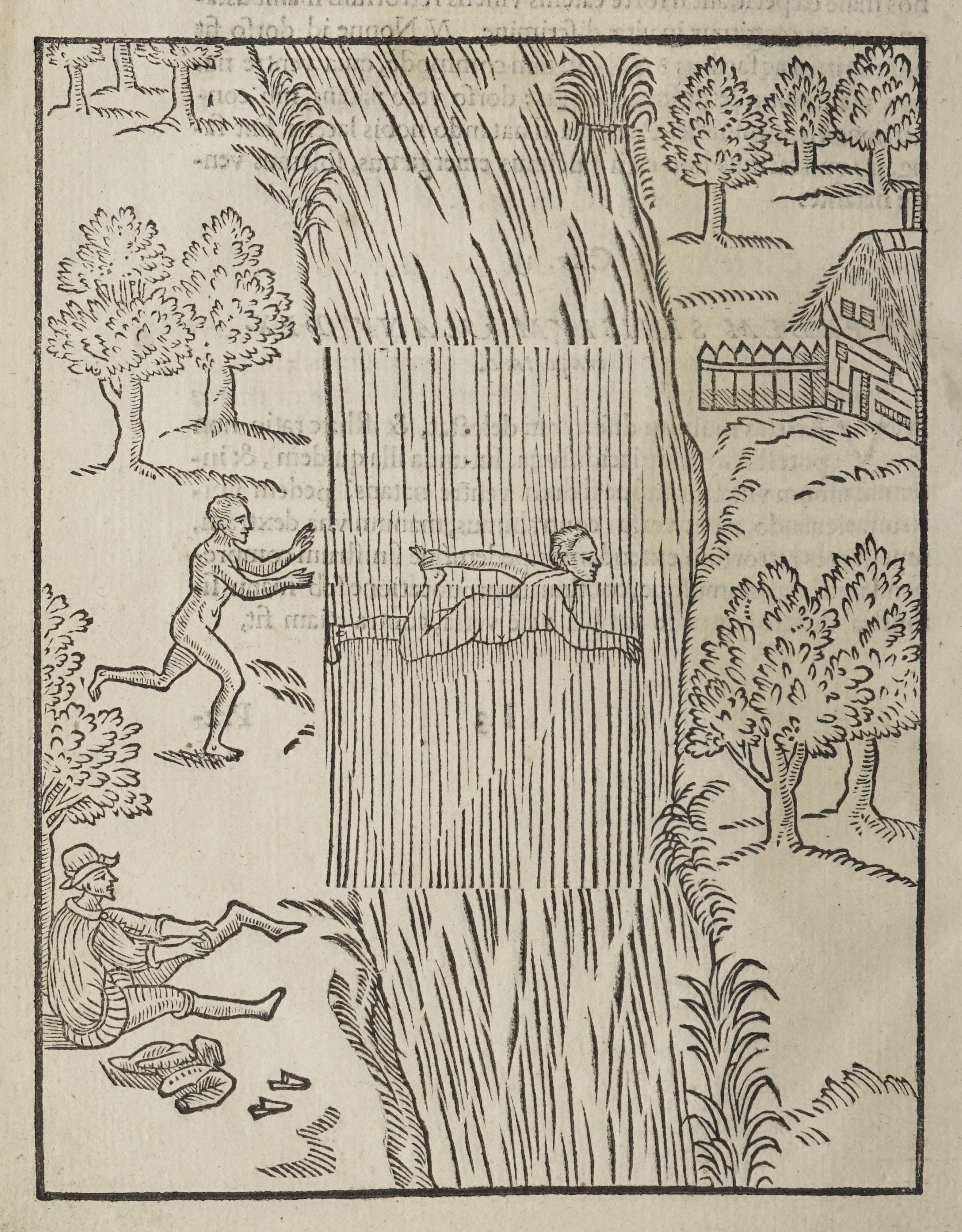 A black and white woodcut illustration depicting a dramatic scene with figures falling from a cliff and others reacting below.