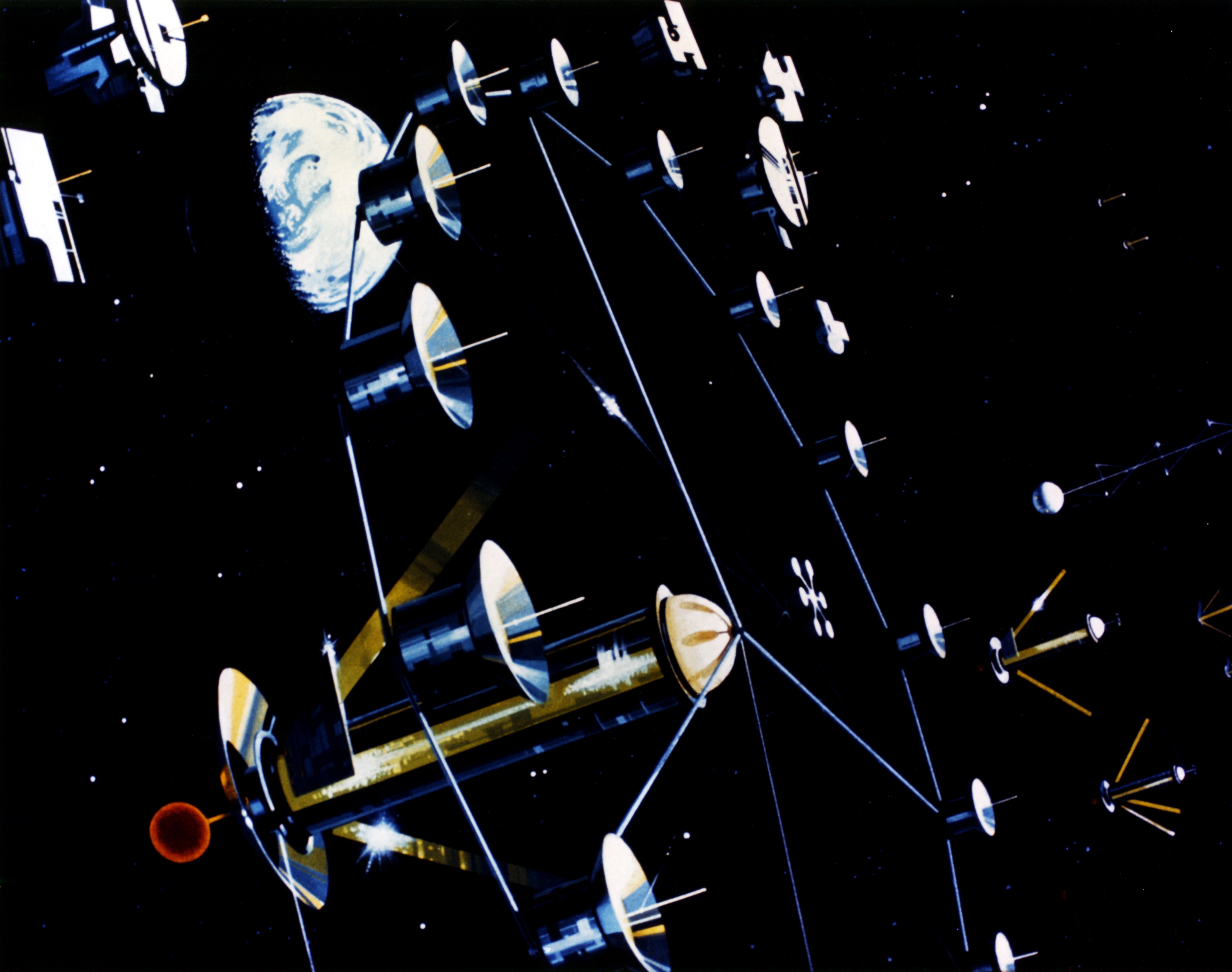 A futuristic vision of space with a network of satellites orbiting Earth.
