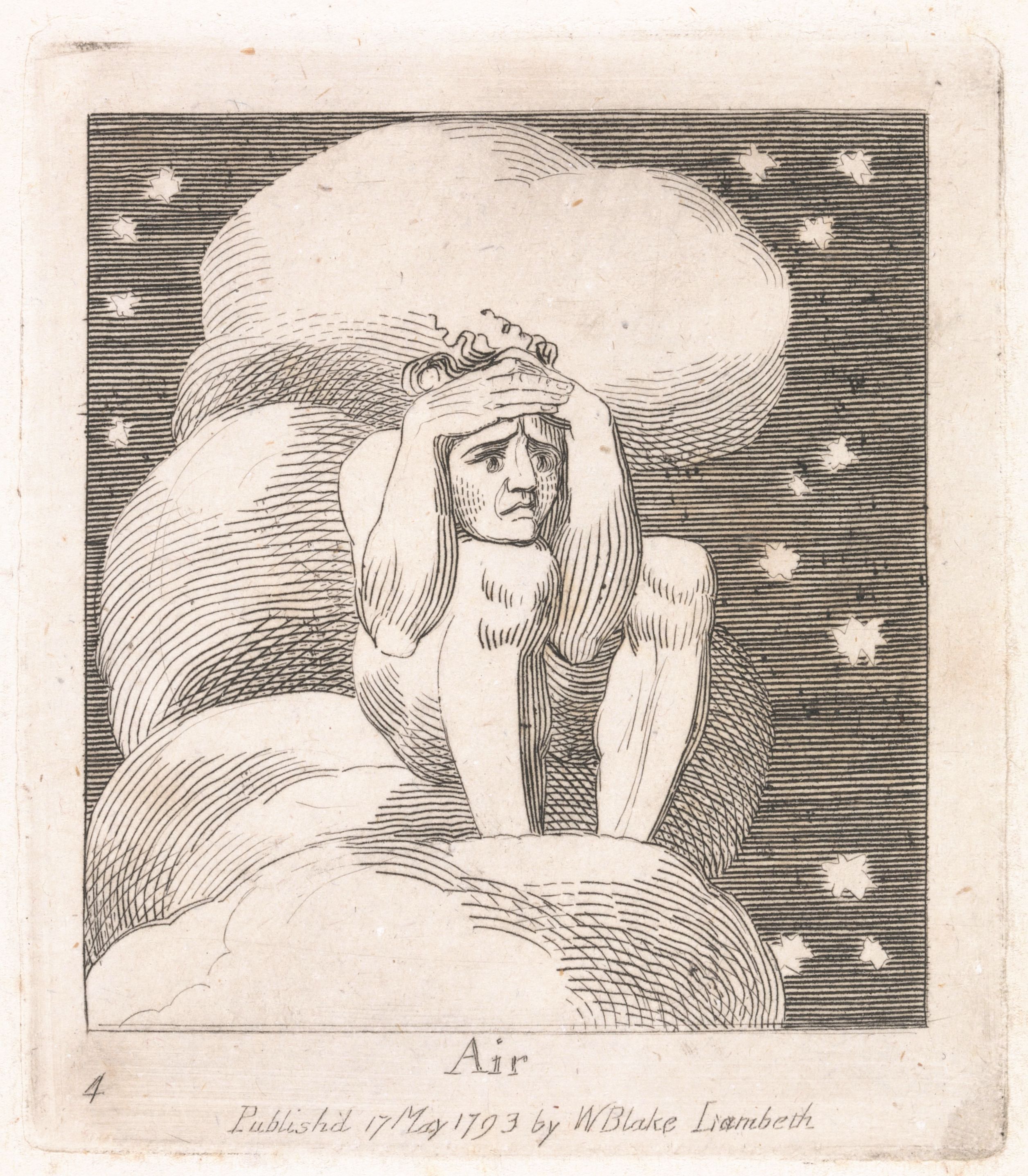 Engraving of a muscular man emerging from a cloud, labeled 'Air' and published by William Blake in 1793.
