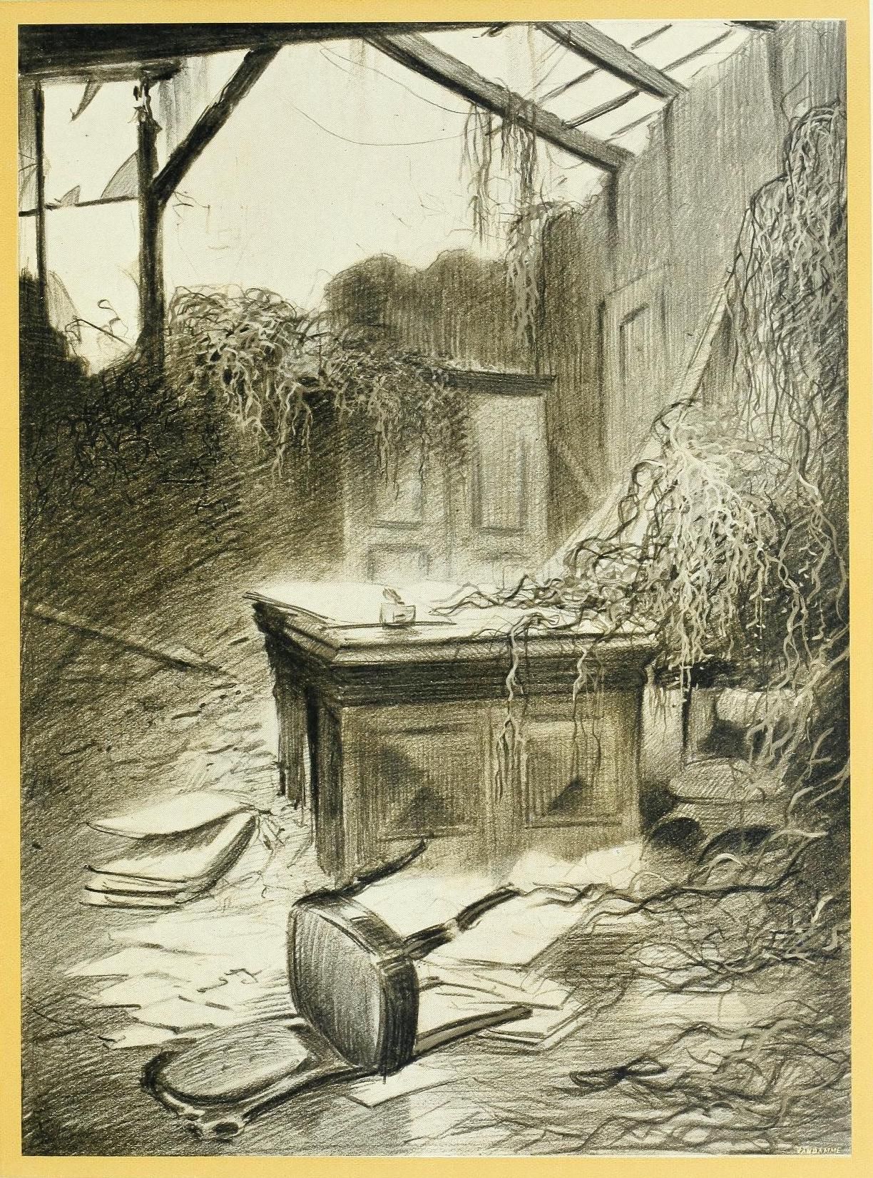 A black and white sketch of a dilapidated interior with a table, chair, and pan amidst debris and overgrown plants.