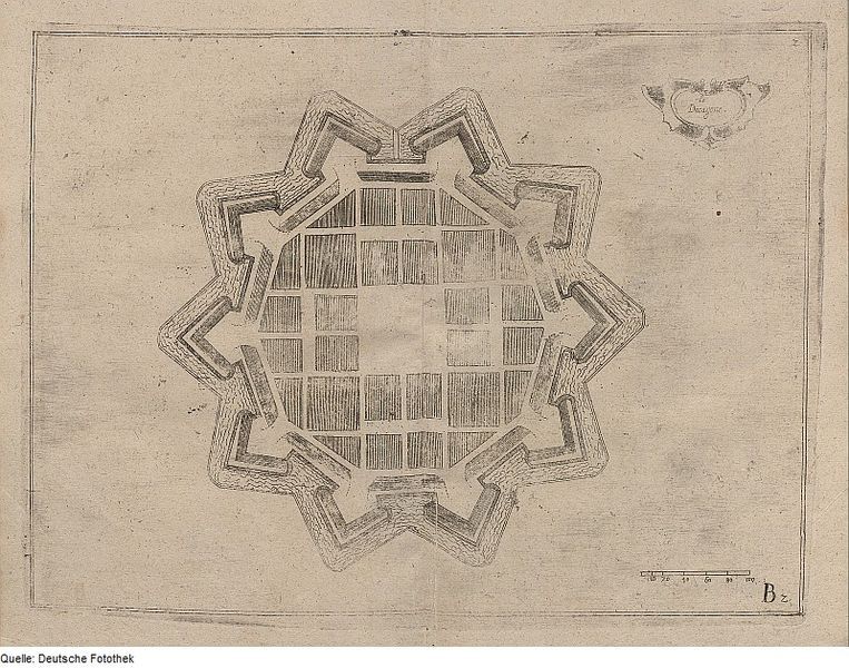 Vintage drawing of a star-shaped fortification with a grid-like city layout inside.