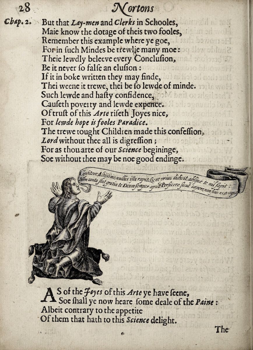 A page from an old book with an illustration of a jester seated on a cushion, holding a scroll.