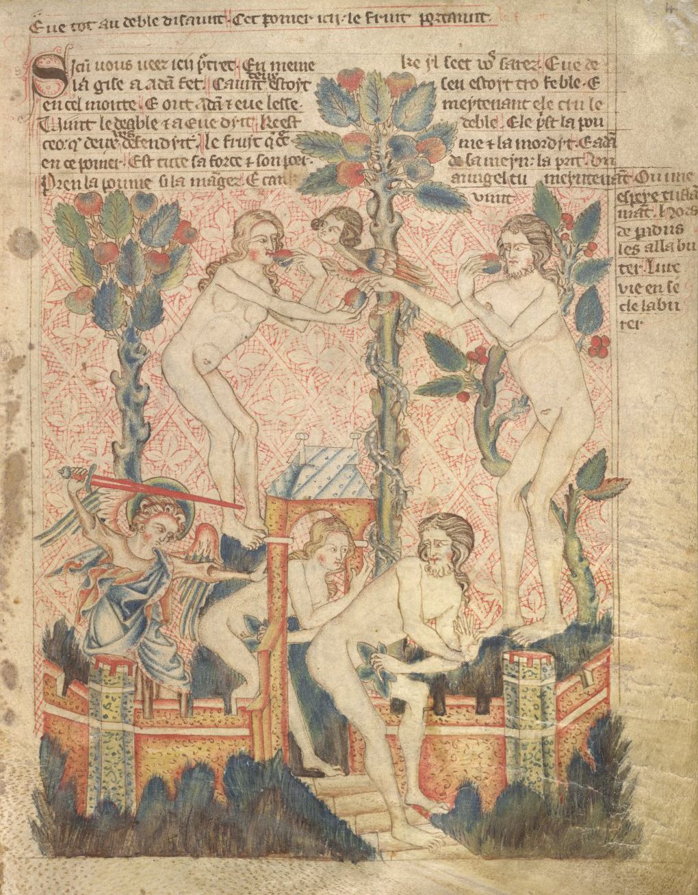 Medieval manuscript illustration of a bed with nude figures and lush foliage.