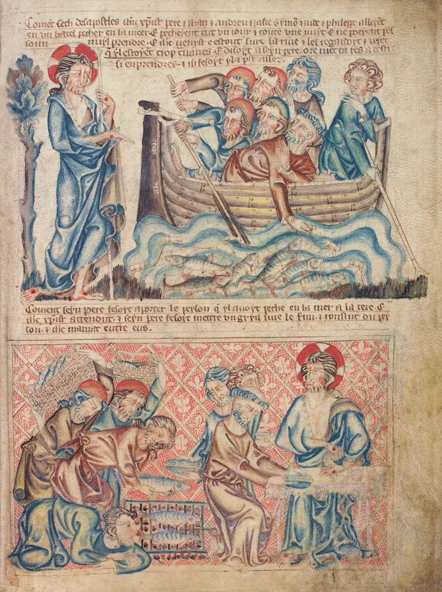 A medieval manuscript illustration depicting a boat in distress and onlookers.