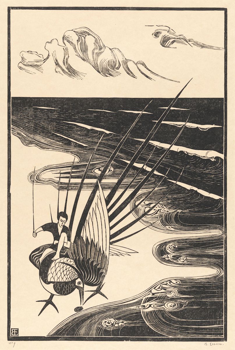 A black and white woodcut print of a woman riding a large bird over swirling waves, with dragon-like creatures in the sky.