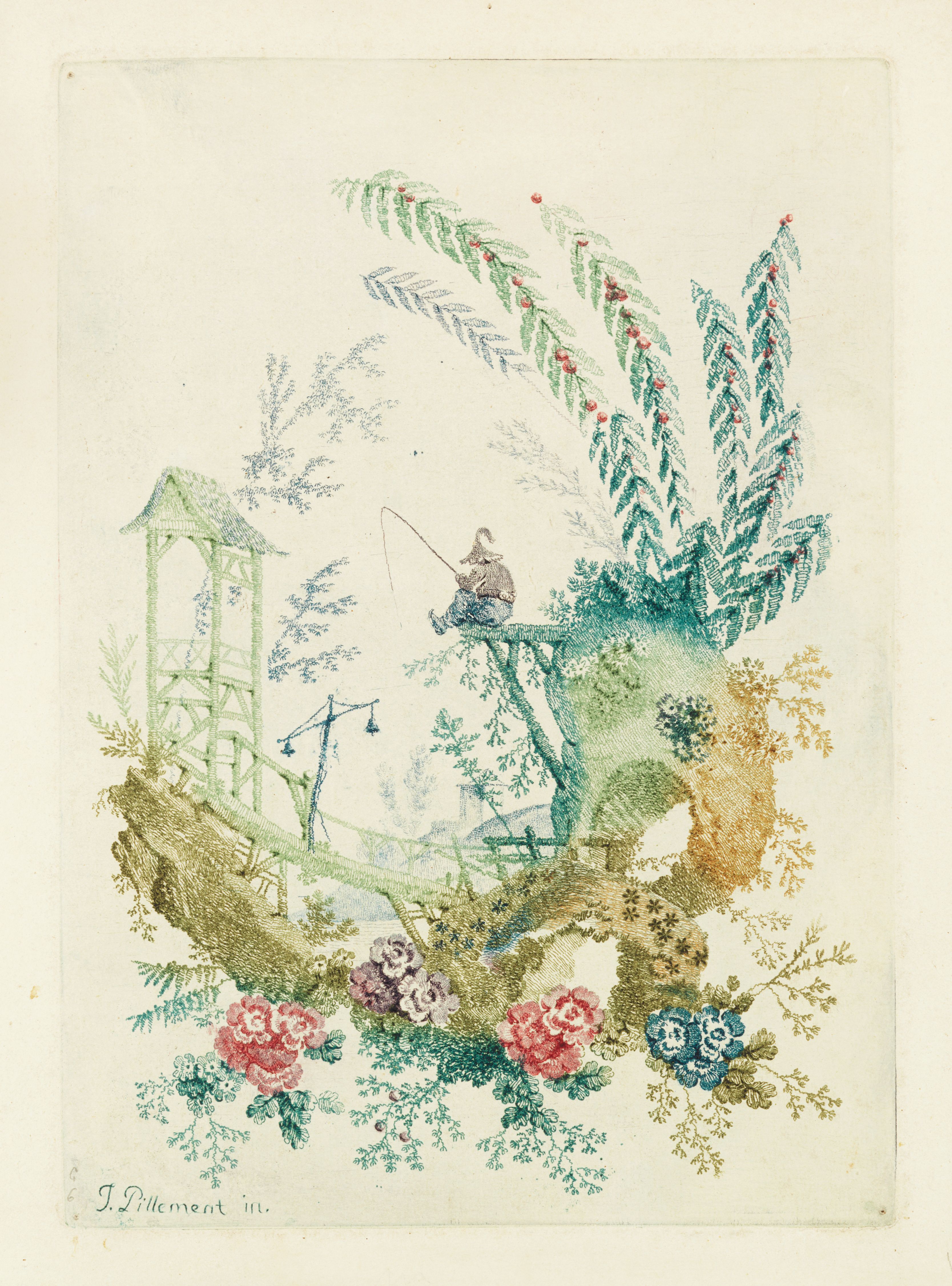 A vintage-style artwork depicting a whimsical landscape with a person fishing from a tree.
