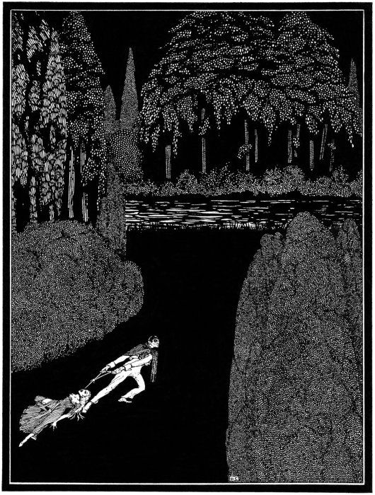 A black and white illustration of a figure being dragged across a chasm in a dense, gothic landscape.