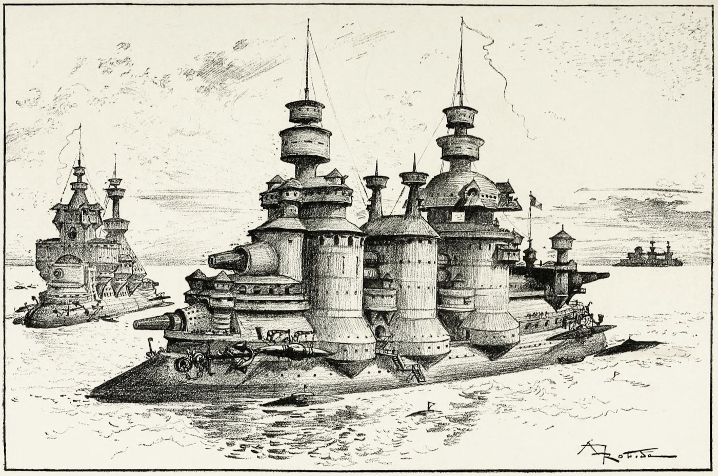 Vintage illustration of a futuristic fleet of battleships on the water.