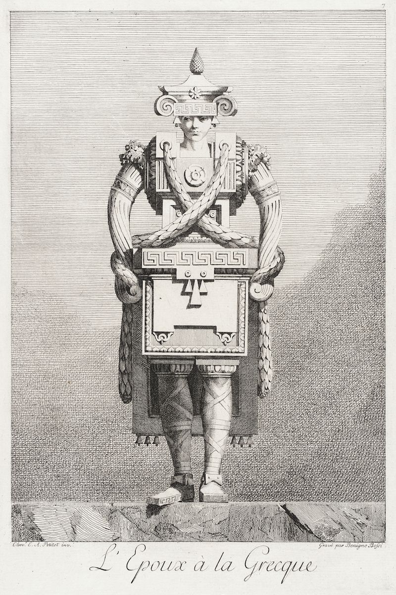 A detailed black and white engraving depicting a figure in elaborate armor, likely a historical or ceremonial costume. The figure is standing and facing forward, adorned with a complex arrangement of armor plates and decorative elements. The text at the bottom reads 'L'Epoux à la Grecque', which translates to 'The Greek Bridegroom'.