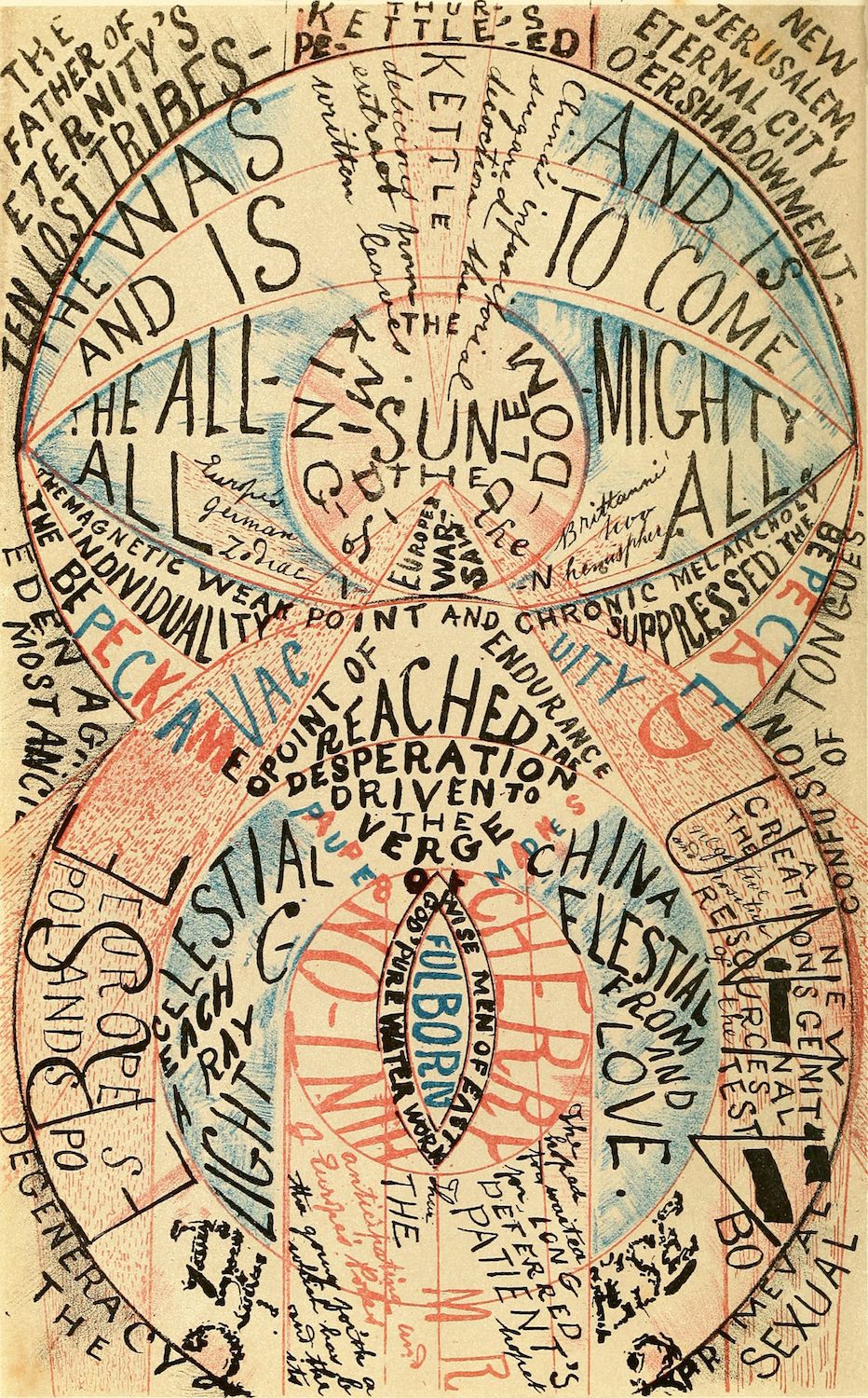 A vibrant and chaotic image filled with text arranged in concentric circles and radiating lines. The central focus is a large, oval-shaped area filled with the word "PREACHED" in bold, red letters.