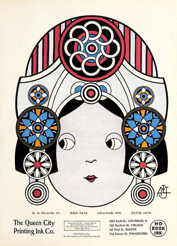 Vintage advertisement for The Queen City Printing Ink Co. featuring an abstract geometric design resembling a face or mask in red, blue, orange, black, and white.