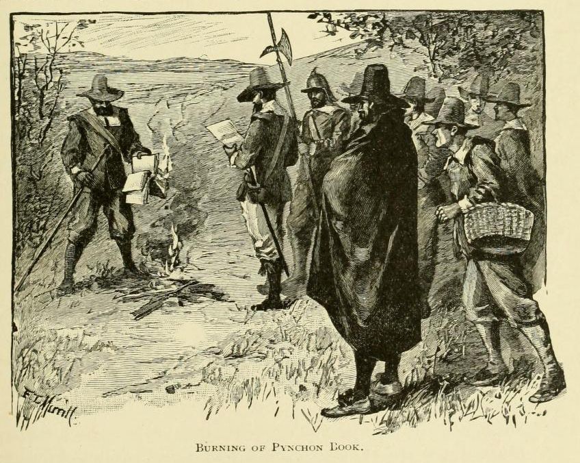 A black and white illustration of a group of men in 17th-century attire burning books in a grassy landscape.