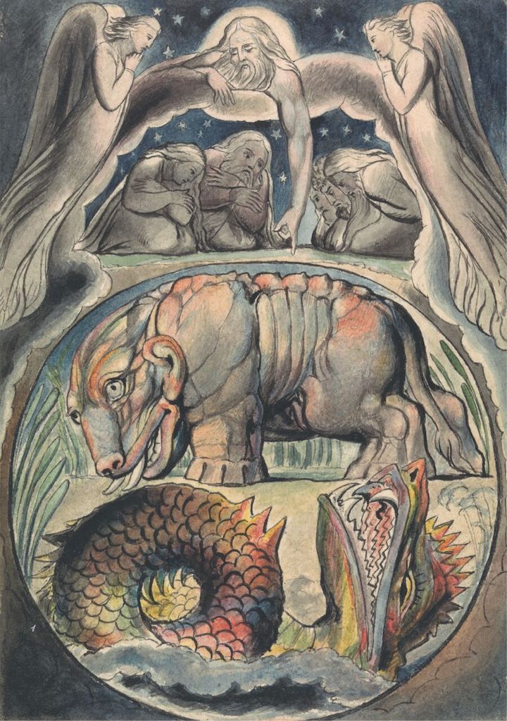 A watercolor painting by William Blake depicting a divine figure surrounded by angels above a monstrous beast and dragon in a turbulent sea.