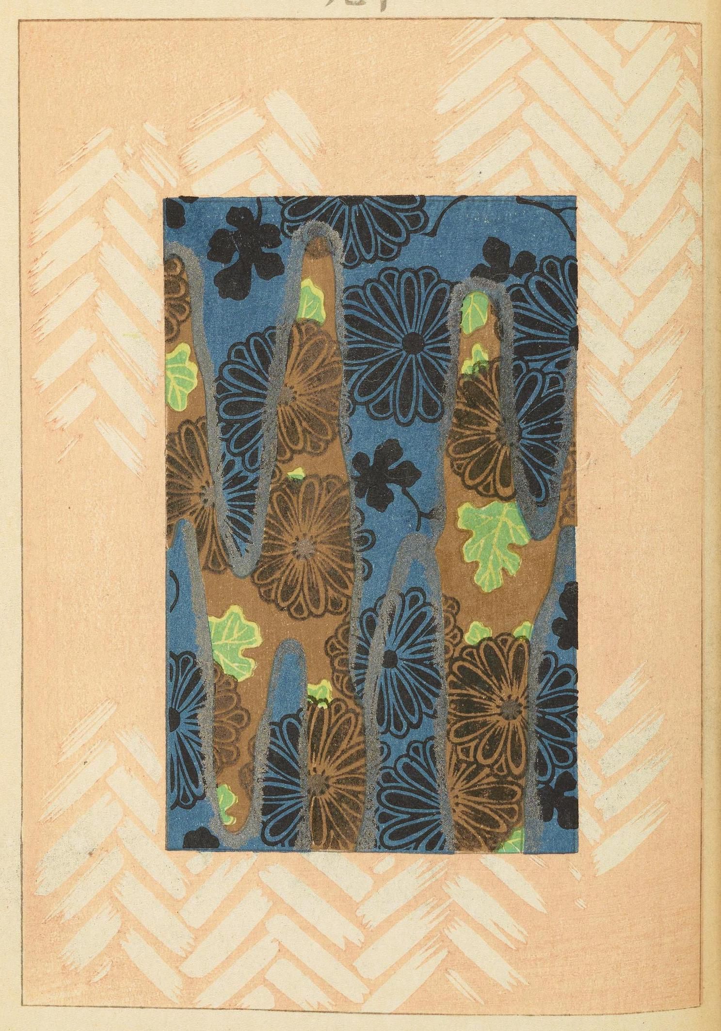 A vintage textile pattern featuring stylized golden-brown flowers and light green leaves against a dark blue background, framed by a light brown herringbone border.