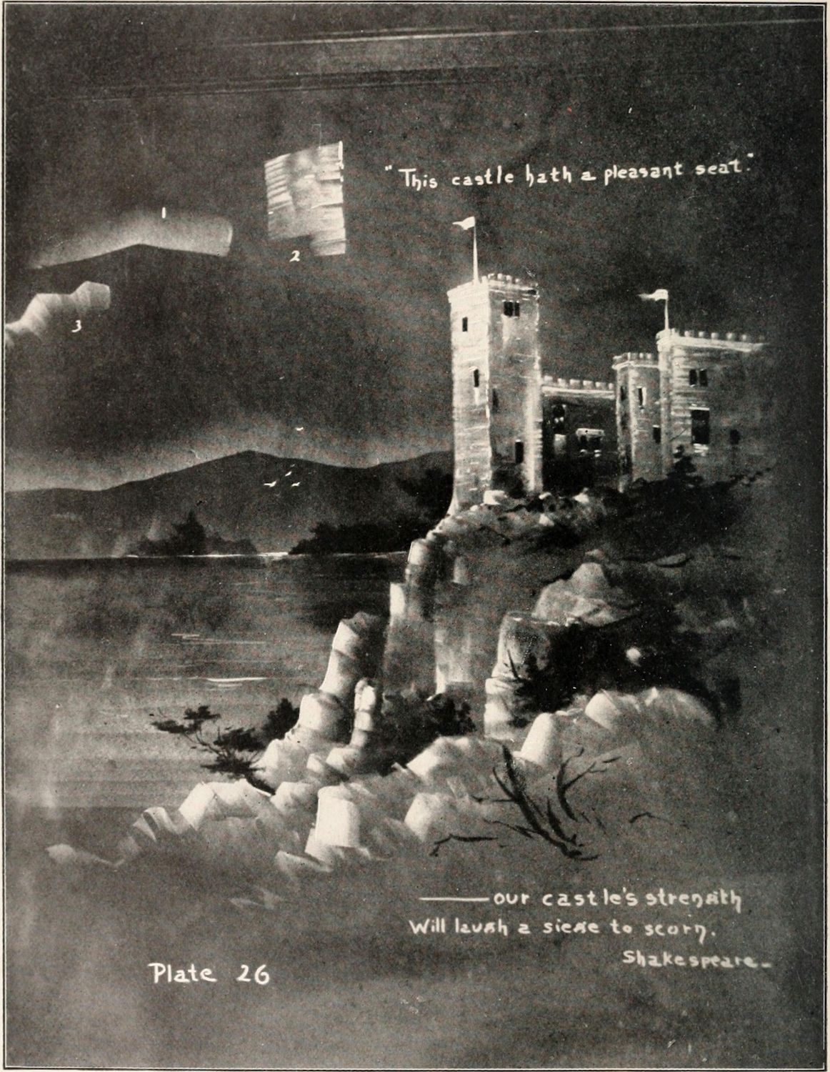 Black and white illustration of a castle on a hill overlooking water, with dramatic clouds in the sky.
