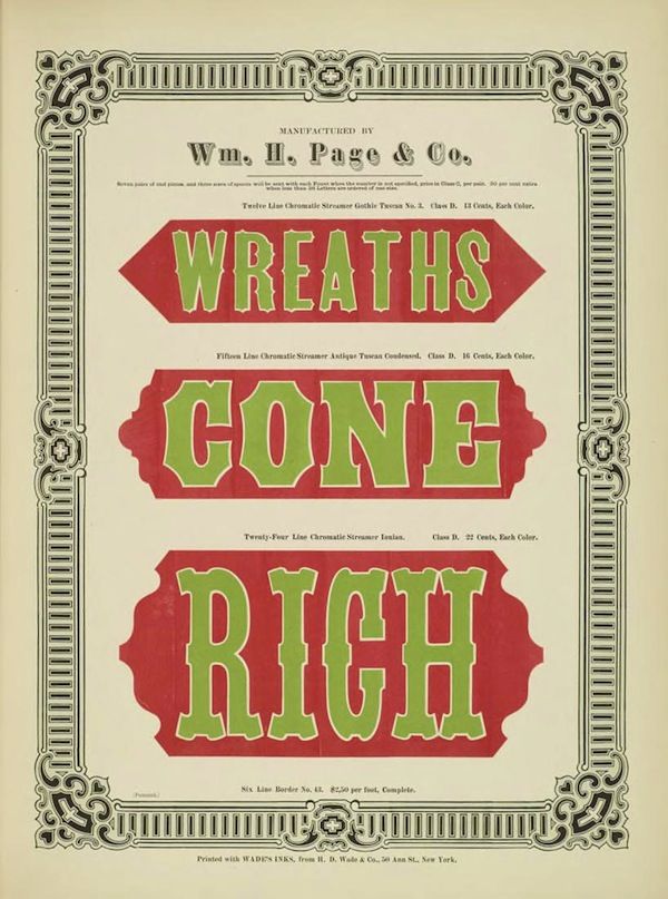 Vintage chromolithograph advertising piece from Wm. H. Page & Co. featuring colorful banners with the words "WREATHS", "CONE", and "RICH".