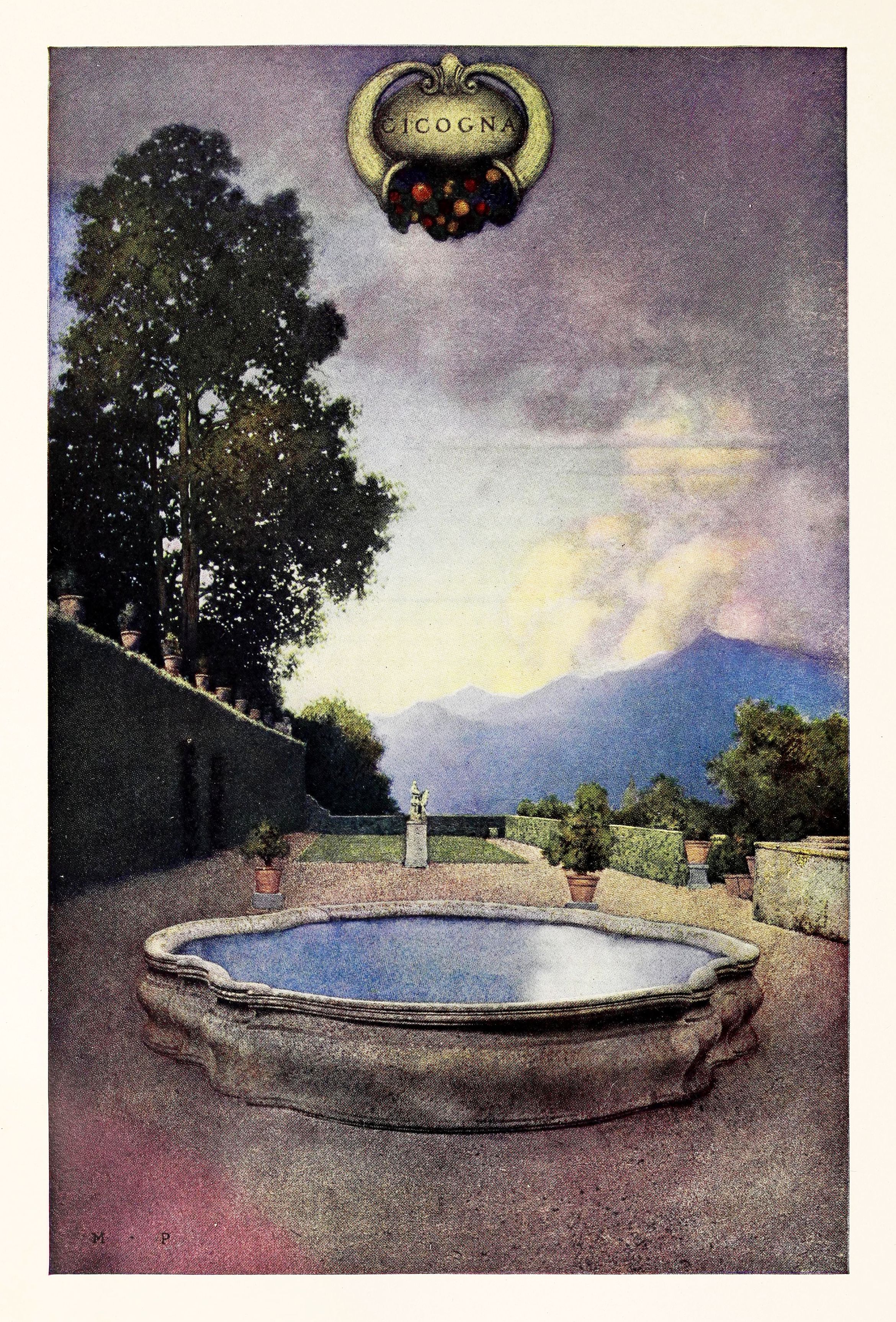 Vintage postcard of a garden with a circular fountain, lush trees, and distant mountains under a cloudy sky.