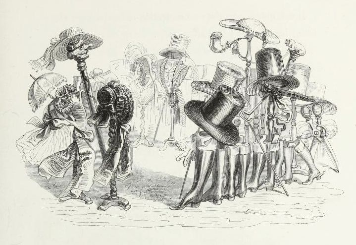 A black and white illustration of a gathering of ghostly figures wearing hats and clothing from the 19th century.