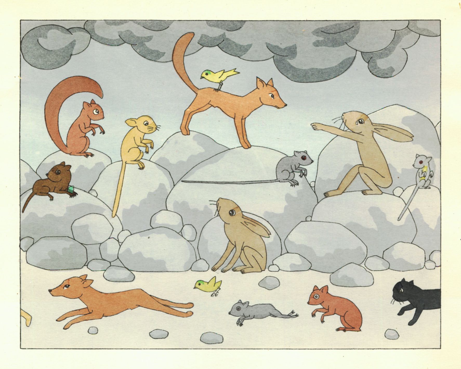 A vintage-style illustration of various animals playing among rocks and clouds.