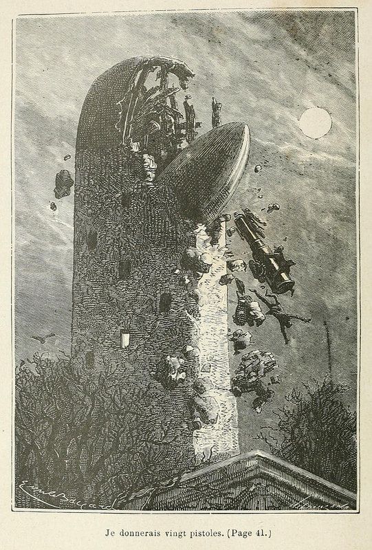 Vintage illustration of a large airship attacking a building with people firing weapons at it, under a crescent moon.