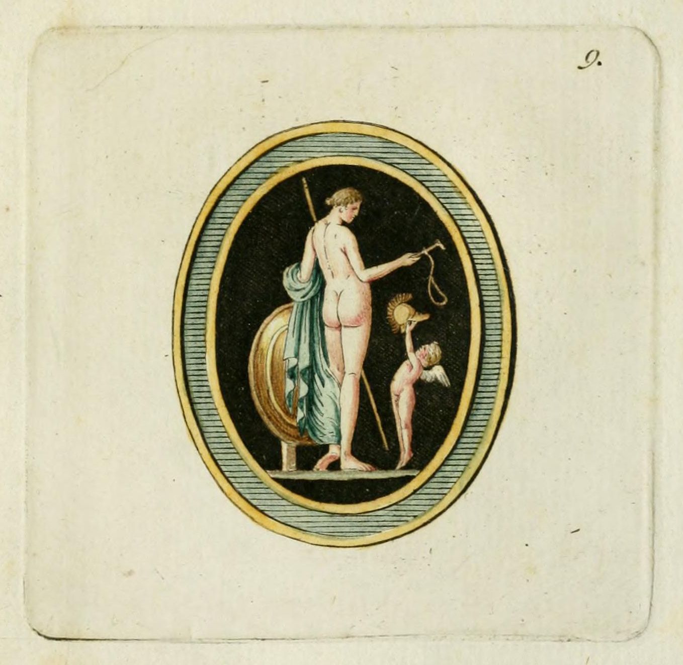An oval frame containing a classical scene of a nude male figure with a shield and a cupid.