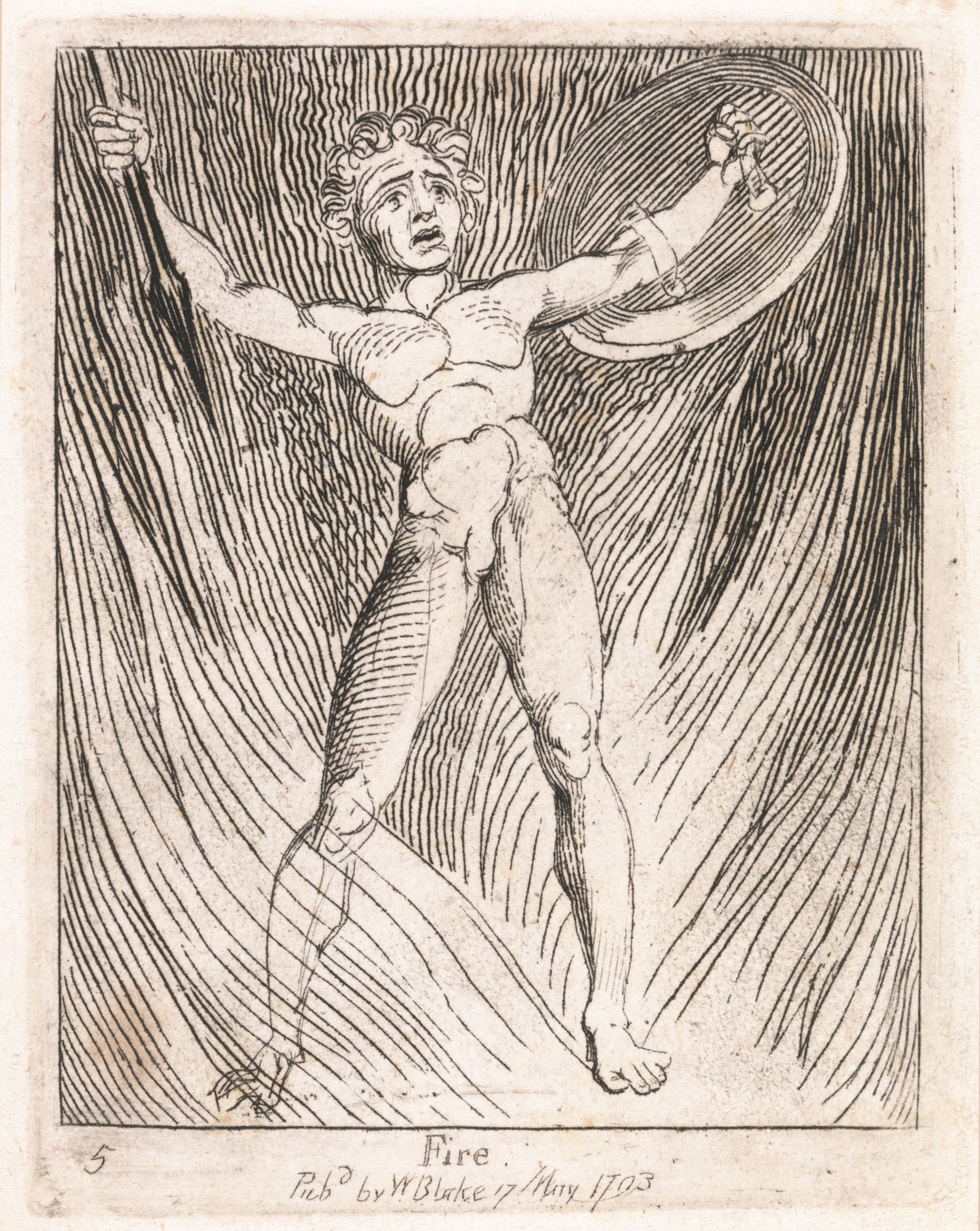 A black and white engraving titled 'Fire' by William Blake, dated May 1793. The image depicts a nude male figure, seemingly engulfed in flames.