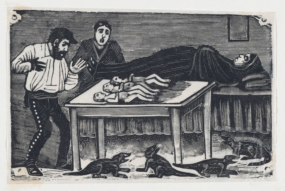 A black and white woodcut print depicting a disturbing scene with a man, a woman, a table with bodies, rats, and a bed.