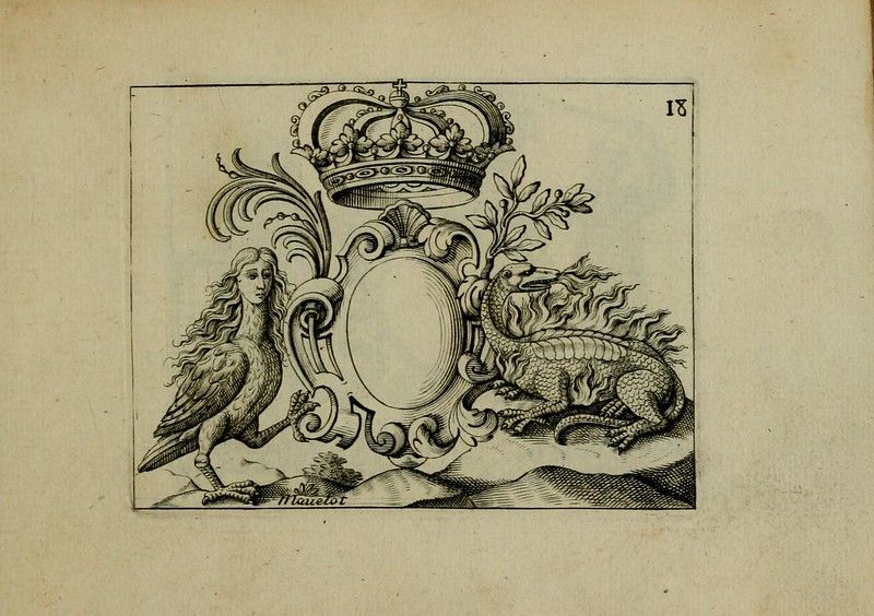 A vintage black and white illustration featuring a shield flanked by a bird and a lion, topped with a crown.