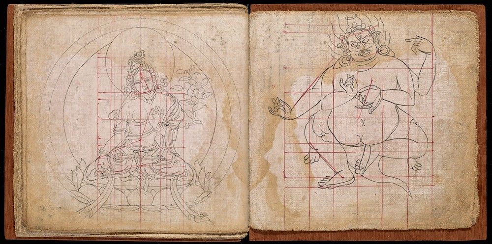 Open book with two pages displaying intricate line drawings of figures within a red grid pattern.