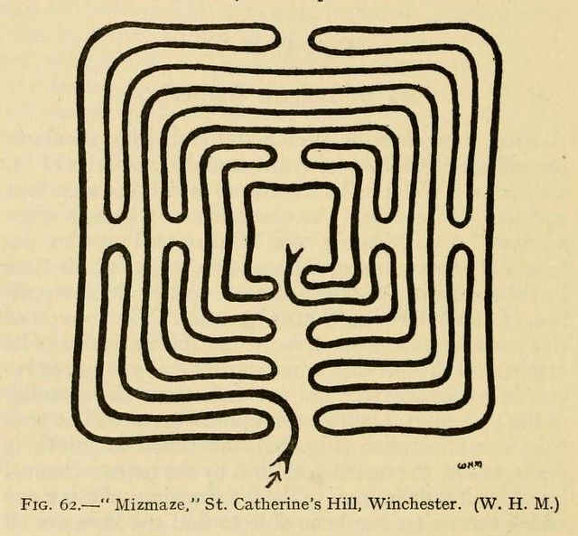Black and white illustration of a square maze with winding paths and arrows indicating a possible route.
