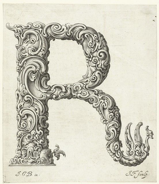 A detailed black and white engraving of the letter 'R' filled with ornate floral and vine patterns.