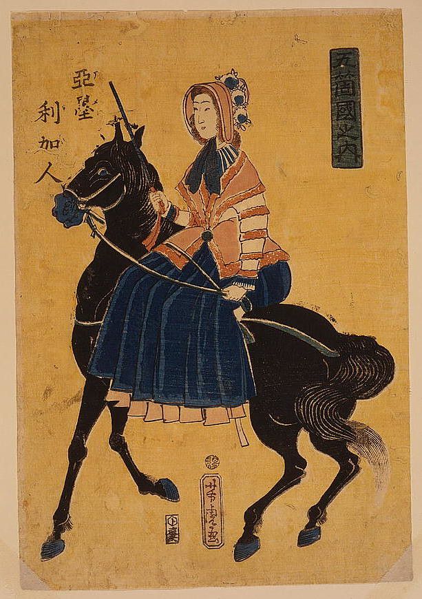 A Japanese woodblock print of a female warrior on horseback, wearing elaborate armor and holding a spear.