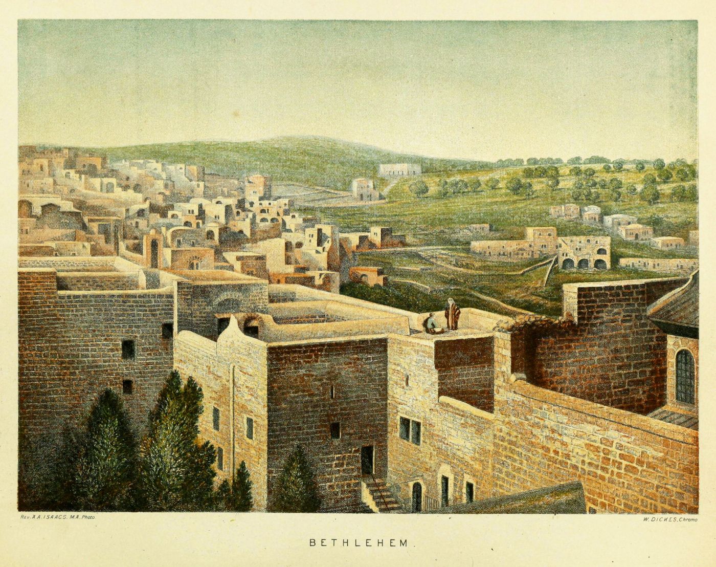 Vintage chromolithograph of Bethlehem, showing a densely packed city of stone buildings with a large stone wall in the foreground and rolling hills in the background.