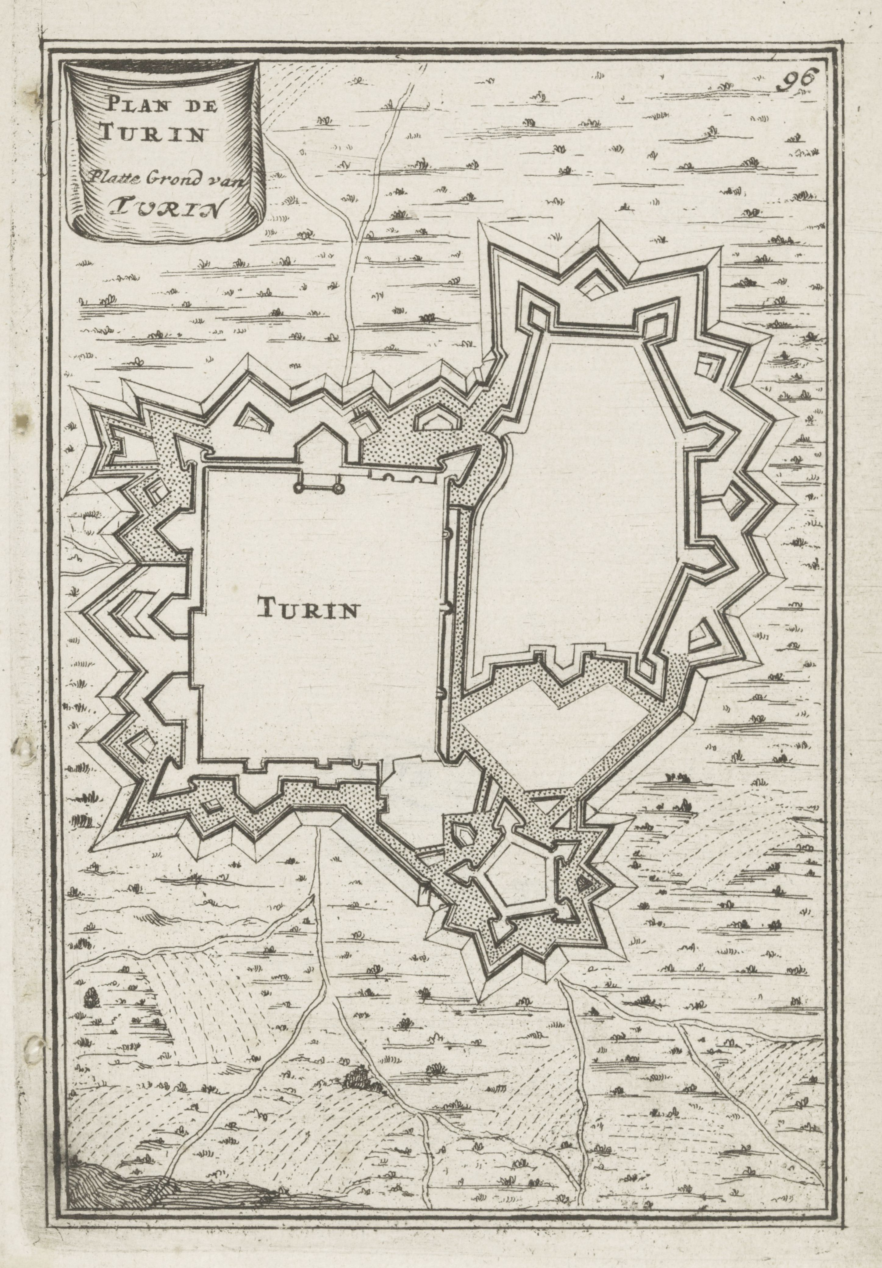 Vintage map of Turin, Italy, with detailed fortifications and surrounding trees.