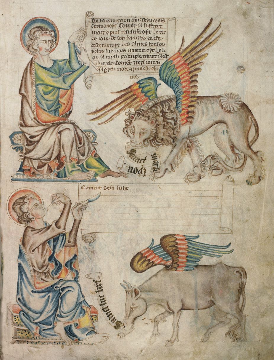 Medieval manuscript illustration with angel, lion-like creatures, and a depiction of Death.