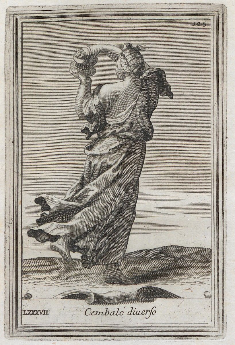 Black and white engraving of a classical figure holding a vessel above her head.