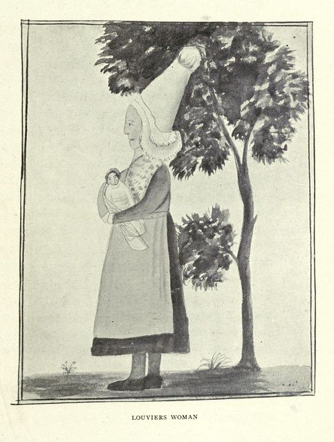 Black and white illustration of a woman in traditional clothing holding a baby next to a tree. The text below reads "LOUVIERS WOMAN".
