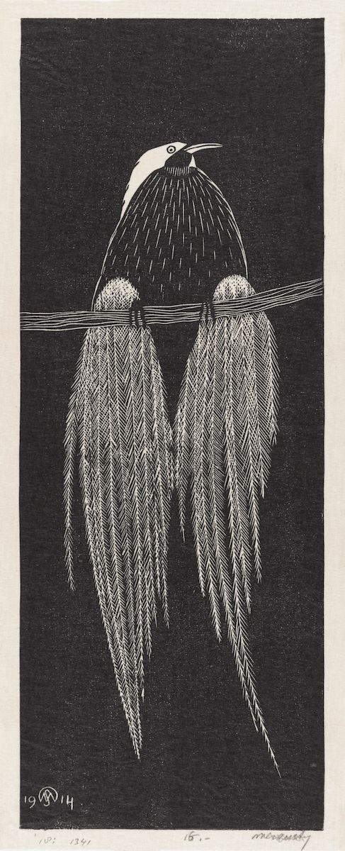 A black and white woodcut print of a bird perched on a willow tree branch.