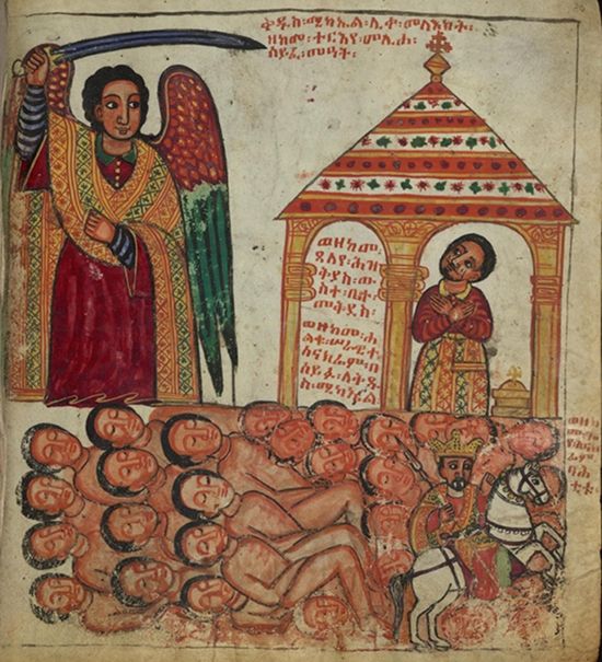 A vibrant, stylized illustration depicting an angel with a sword standing over a mass of fallen figures, with a saint praying inside a small building.