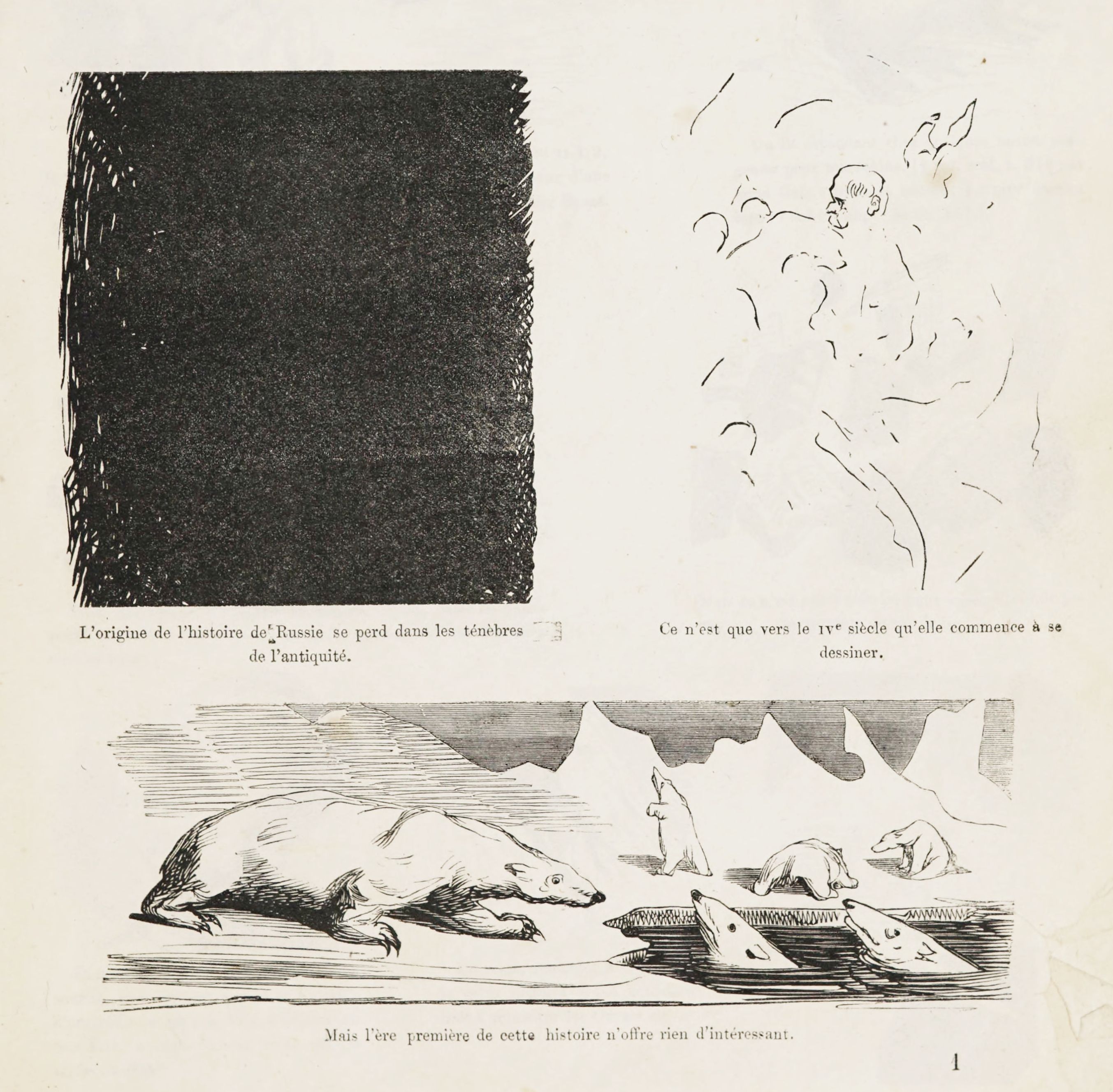 A black and white historical illustration depicting a chaotic scene with several animals, including bears and wolves, engaged in a struggle.