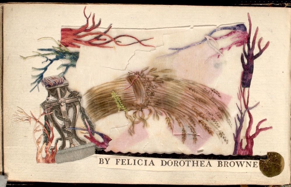 A vintage book cover with an illustration of a lantern, coral, and a feathery plume, with the text "BY FELICIA DOROTHEA BROWNE" below.