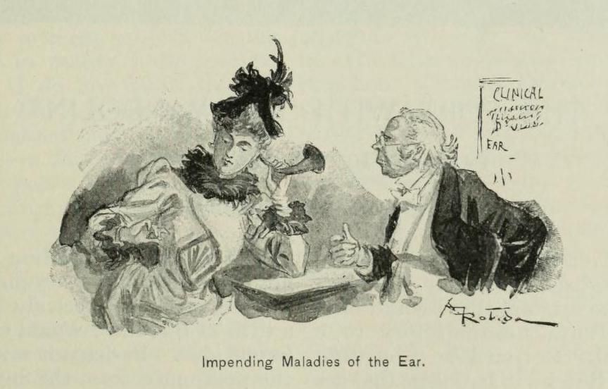 Vintage illustration titled "Impending Maladies of the Ear" depicting a woman with an ear trumpet and a man in a suit engaged in conversation.