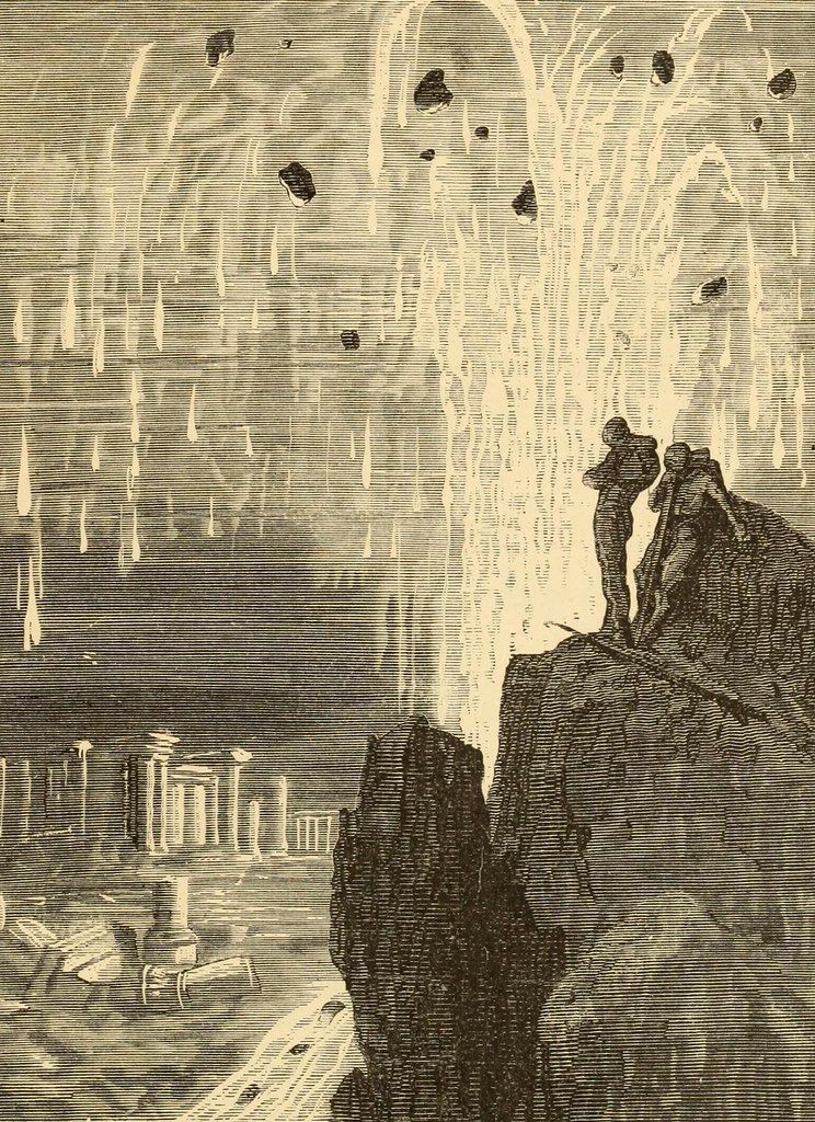 Vintage engraving of a cliff with two figures watching a building in the distance during a heavy rainstorm.