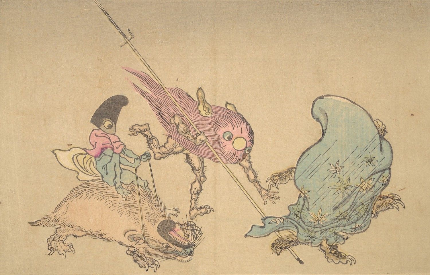 Vintage illustration of a small figure on a furry creature battling two large, fantastical creatures with a spear.