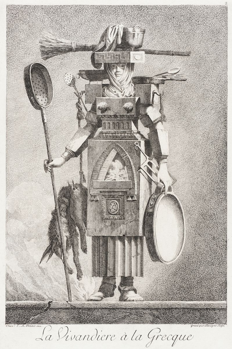 A black and white engraving of a personified cook constructed from kitchen utensils and architectural elements, titled 'La Sivandiere à la Grecque'.